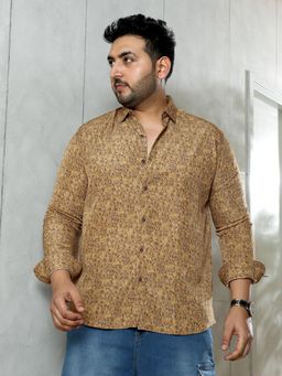 Instafab Plus - Men Ochre Brown Indie Floral-Motif Imprint Shirt