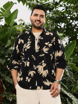 Instafab Plus - Men Obsidian Black and Ecru Beige Contrast-Petalia Imprint Shirt