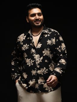 Instafab Plus - Men Onyx Black Contrast-Roses Imprint Shirt