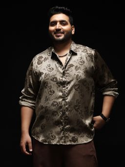 Instafab Plus - Men Wenge Brown Faded-Flora Jacquard Shirt