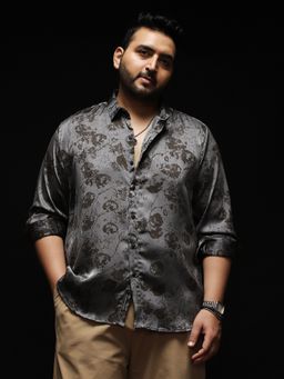 Instafab Plus - Men Moon Grey Faded-Flora Jacquard Shirt