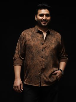 Instafab Plus - Men Chocolate Brown Papillon-Garden Imprint Shirt
