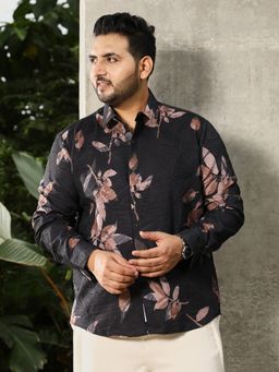 Instafab Plus - Men Midnight Black Imprinted Foliage Textured Shirt