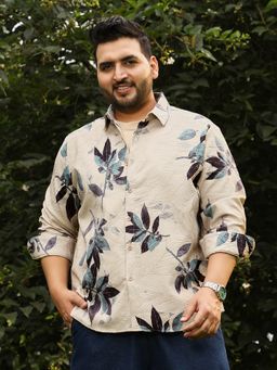 Instafab Plus - Men Forest Green and Saltbox Beige Imprinted Foliage Textured Shirt