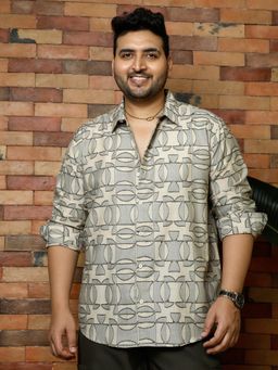 Instafab Plus - Men Coin Grey Geometric-Curve Jacquard Shirt