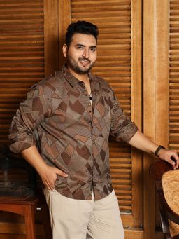 Instafab Plus - Men Peanut Brown Block-Geometric Jacquard Shirt