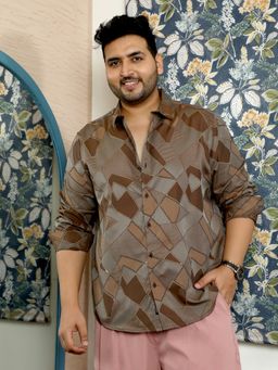 Instafab Plus - Men Peanut Brown Block-Geometric Jacquard Shirt