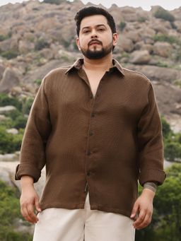Instafab Plus - Men Chocolate Brown Canvas-Dobby Shirt