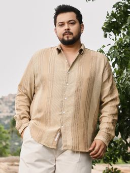 Instafab Plus - Men Saltbox Beige Unbalanced-Striped Jacquard Shirt