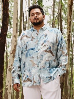 Instafab Plus - Men Baby Blue Waterbrash-Imprint Dobby Shirt