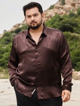 Instafab Plus - Men Coffee Brown Gleaming Crushed-Satin Shirt
