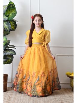 Indi-Loom Couture - Yellow Polyester Blend Floral Top With Skirt