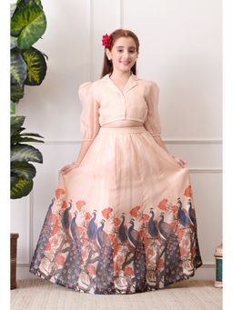 Indi-Loom Couture - Peach Polyester Blend Floral Top With Skirt