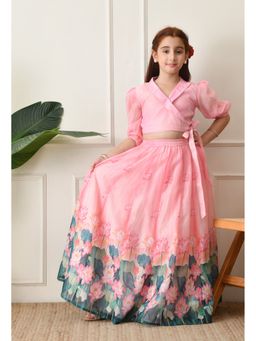 Indi-Loom Couture - Pink Polyester Blend Floral Top With Skirt