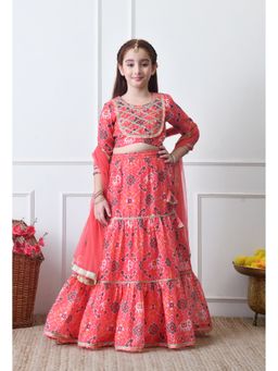 Indi-Loom Couture - Peach Polyester Blend Printed Lehenga With Choli & Dupatta