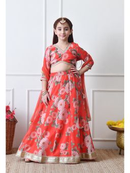 Indi-Loom Couture - Red Polyester Blend Floral Lehenga With Choli & Dupatta