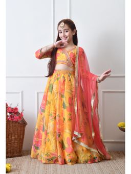 Indi-Loom Couture - Yellow Polyester Blend Floral Lehenga With Choli & Dupatta