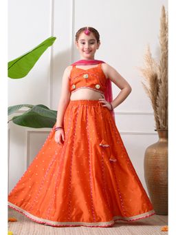 Indi-Loom Couture - Orange Silk Blend Embellished Lehenga With Choli & Dupatta