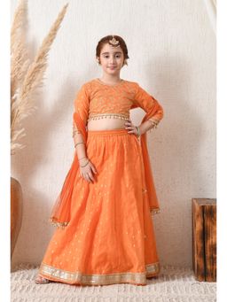 Indi-Loom Couture - Orange Silk Blend Embellished Lehenga With Choli & Dupatta