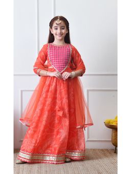 Indi-Loom Couture - Orange Silk Blend Floral Lehenga With Choli & Dupatta