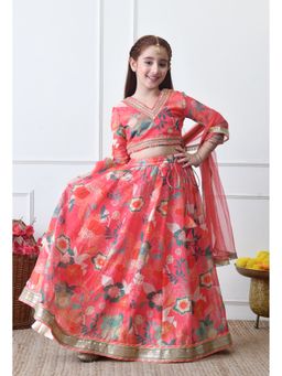 Indi-Loom Couture - Peach Silk Blend Floral Lehenga With Choli & Dupatta