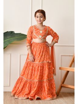 Indi-Loom Couture - Orange Viscose Rayon Printed Lehenga With Choli & Dupatta