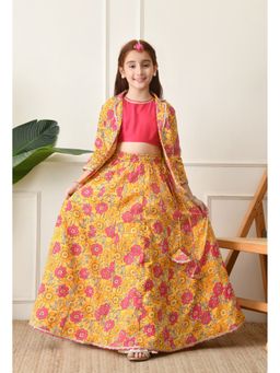 Indi-Loom Couture - Yellow Cotton Floral Lehenga With Choli & Jacket