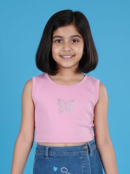 KiddoPanti - Pink Cotton Blend Embellished Crop T-Shirt