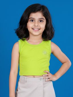 KiddoPanti - Green Cotton Blend Embellished Crop T-Shirt