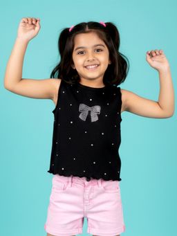 KiddoPanti - Black Cotton Blend Embellished Crop T-Shirt