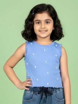 KiddoPanti - Blue Cotton Blend Embellished Crop T-Shirt
