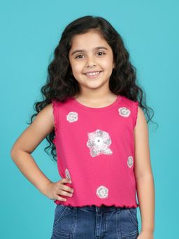 KiddoPanti - Pink Cotton Blend Embellished Crop T-Shirt