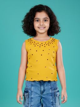 KiddoPanti - Yellow Cotton Blend Embellished Crop T-Shirt