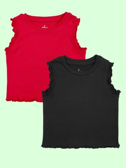 KiddoPanti - Red Cotton Blend Embellished Crop T-Shirt (Pack of 2)