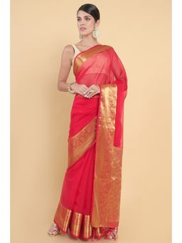 Soch - Women Red Organza Printed Saree with Unstitched Blouse