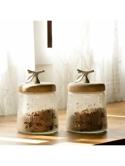 Ellementry - Twigy Frosted Glass Jar with Wooden Lid (Pack Of 2)