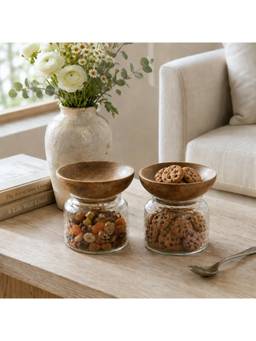 Ellementry - Twain Glass Jar with Wooden Bowl (Pack Of 2)