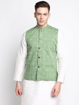 Devoiler - Men Lime Green Printed Pure Cotton Nehru Jacket
