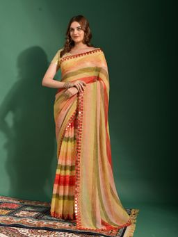 Odette - Beige Chiffon Designer Saree with Unstitched Blouse