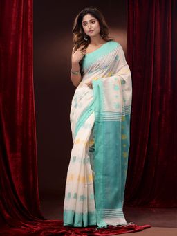 CHARUKRITI - White and Blue Cotton Handspun Woven Floral Motifs Saree with Unstitched Blouse