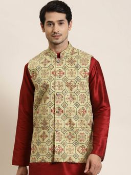 SOJANYA - Men Cotton Linen Pista Green Printed Nehru Jacket