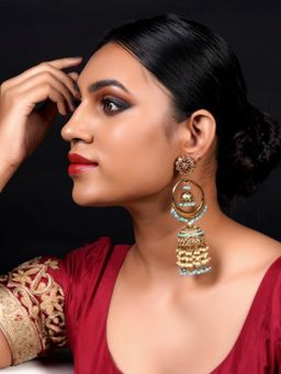Odette - Women Golden Ornate Sea Blue Stone Jhumka Earrings