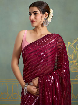 Likha - Georgette All Over Sequins Embellished Maroon Saree with Unstitched Blouse LIKPARSAR23
