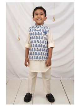 Little Collars - Art Festive Nehru Jacket Kurta Pajama with Brooch-Blue (Set of 3)