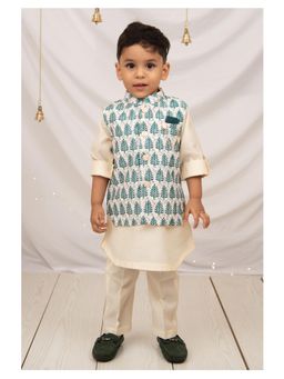 Little Collars - Art Festive Nehru Jacket Kurta Pajama with Brooch-Green (Set of 3)