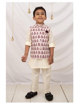 Little Collars - Art Festive Nehru Jacket Kurta Pajama with Brooch-Wine (Set of 3)