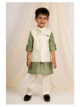 Little Collars - Festive Thread Nehru Jacket Bright Kurta Pajama -Green (Set of 3)