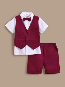 Hopscotch - Bow Applique Bow Shirt with Waistcoat & Shorts (Set of 4)