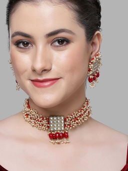 Karatcart - Red Crystal and Pearl Beaded Kundan Choker Necklace Set for Women