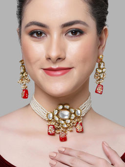 Karatcart - Red Tumble and Pearl Studded Polki Kundan Choker Necklace Set for Women